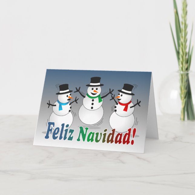 Cartão De Festividades Feliz Natal que dança bonecos de neve - espanhóis (Frente)