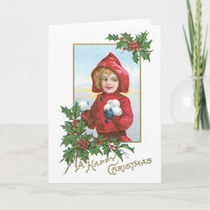 Cartão De Festividades Feliz Natal Rapariga com Snowball