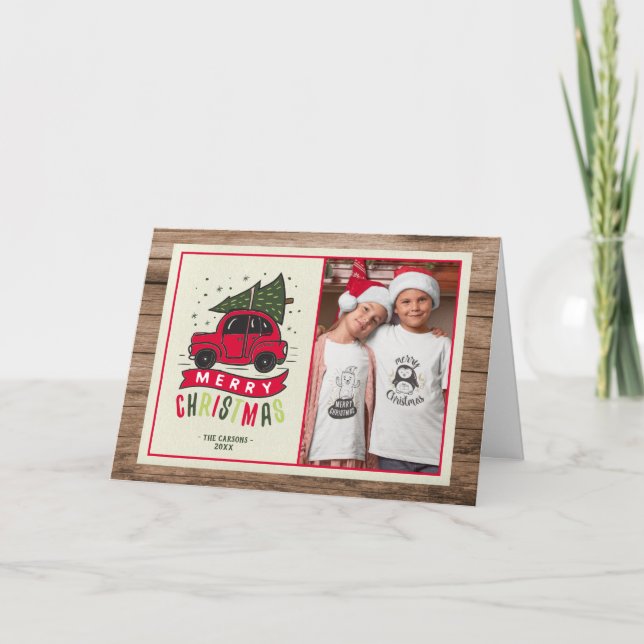 Cartão De Festividades Feliz Natal Red Car Foto Da Madeira Russa (Frente)