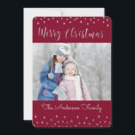 Cartão De Festividades Feliz Natal Red e Silver Foto das Estrelas de Folh<br><div class="desc">Feliz Natal Vermelho,  Borgonha,  Marsala e Cartão com fotos das Estrelas de Silver Foil. A imagem e o nome da família podem ser substituídos no Cartão de Natal de Feliz Natal azul e prateado.</div>