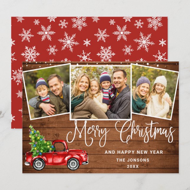 Cartão De Festividades Feliz Natal Red Fazenda Truck 3 Foto (Frente/Verso)