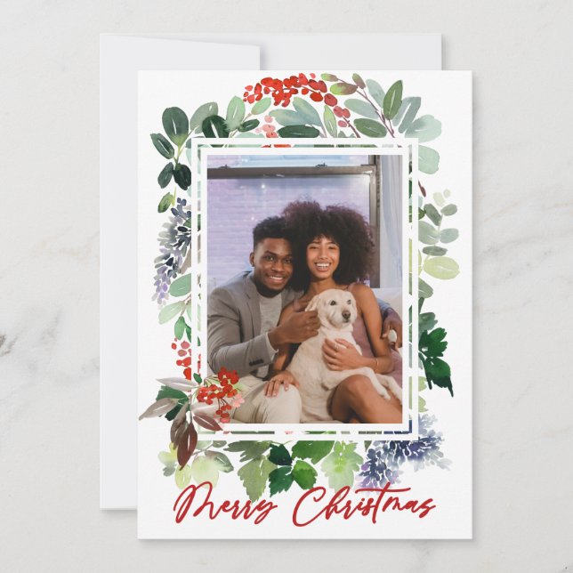 Cartão De Festividades Feliz Natal Red Holly Fotografou Carro de Férias (Frente)