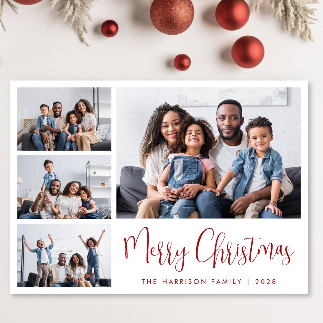 Cartão De Festividades Feliz Natal Red Script 6 Foto (Share the love and warmth of the season with a personalized photo Christmas card)