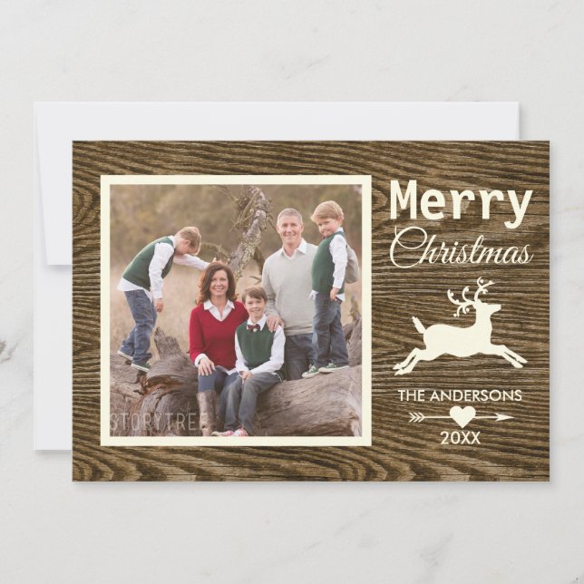Cartão De Festividades Feliz Natal Reindeer Rustic Wood Family Foto (Frente)