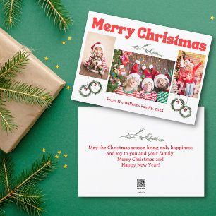 Cartão De Festividades feliz natal retro caligrafia vermelha 3 fotos