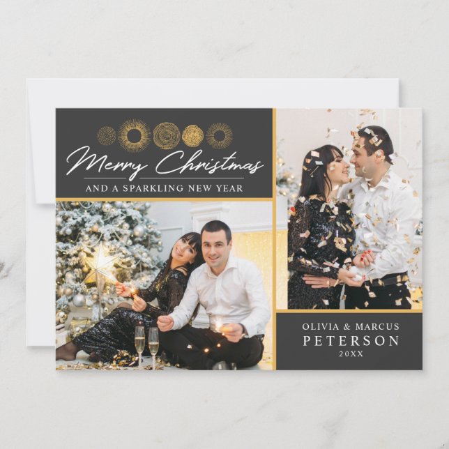 Cartão De Festividades Feliz Natal Retro Dourado Foto de Burst Saudação (Frente)