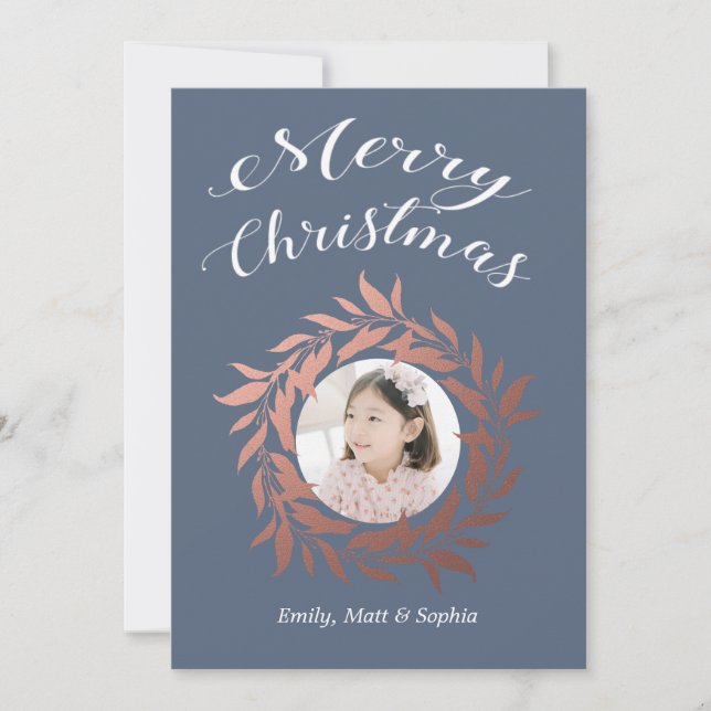 Cartão De Festividades Feliz Natal Rosa Dourado Wreath Blue Foto (Frente)