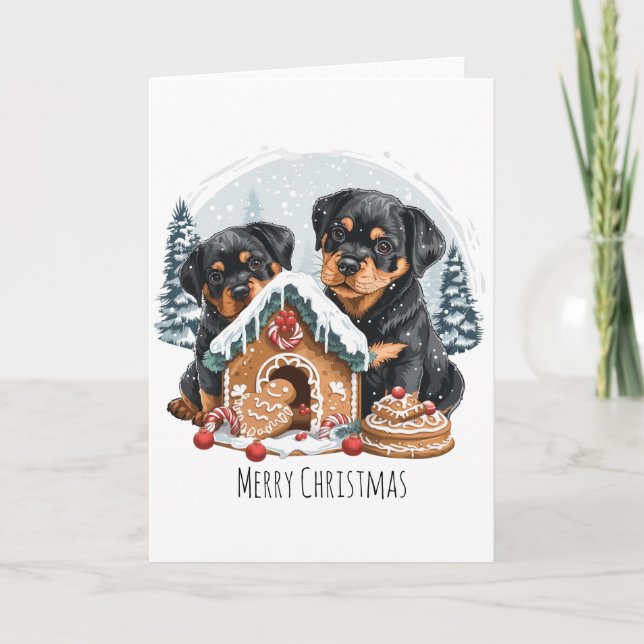 Cartão De Festividades Feliz Natal Rottweiler Cães Gingerbis House (Frente)
