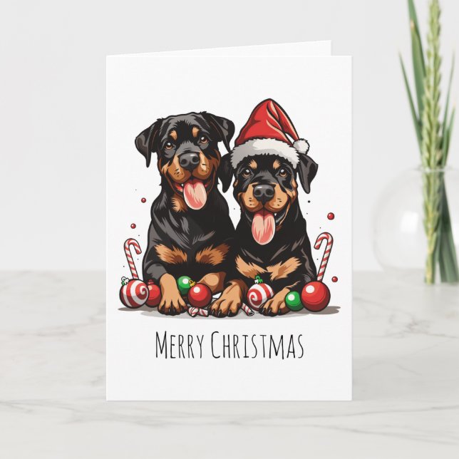 Cartão De Festividades Feliz Natal Rottweiler Papais noeis (Frente)