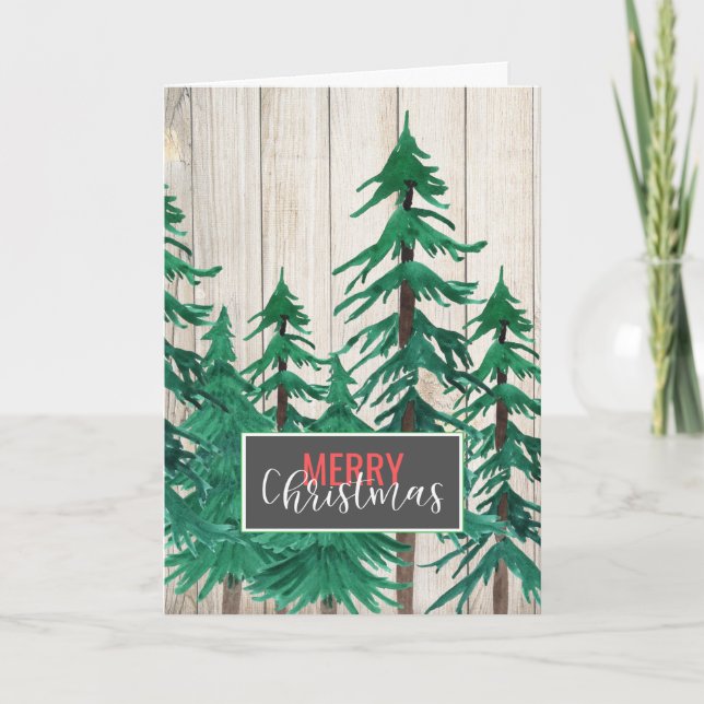 Cartão De Festividades Feliz Natal Rustic Watercolor Pine Trees (Frente)
