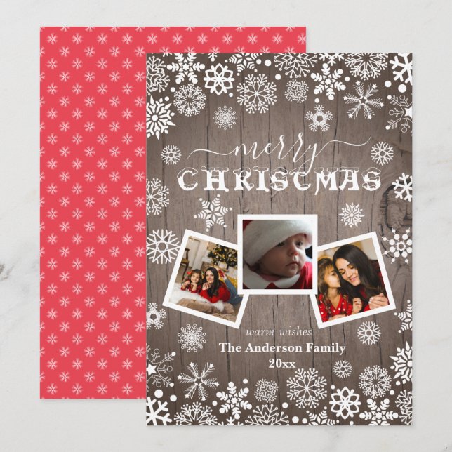 Cartão De Festividades Feliz Natal Rustic Wood Snowflake 3 Foto (Frente/Verso)