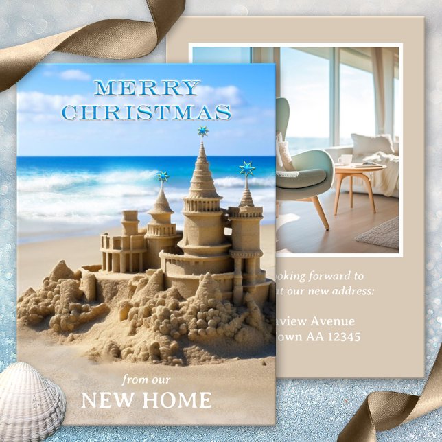 Cartão De Festividades Feliz Natal Sandcastle Praia Nova Foto Residencial (Merry Christmas sandcastle new home beach holidays photo card)