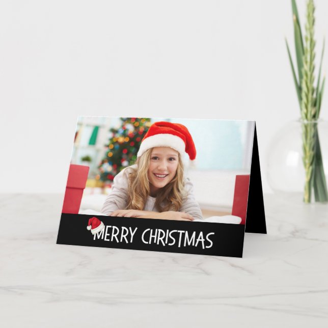 Cartão De Festividades Feliz Natal Santa Hat em Foto Personalizada Preta (Frente)