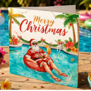 Cartão De Festividades Feliz Natal Santa Tropical Festa de Piscina de Ver