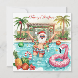 Cartão De Festividades Feliz Natal Santa Tropical Festa de Piscina de Ver