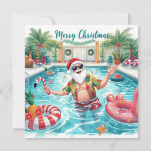 Cartão De Festividades Feliz Natal Santa Tropical Festa na Piscina de Ver