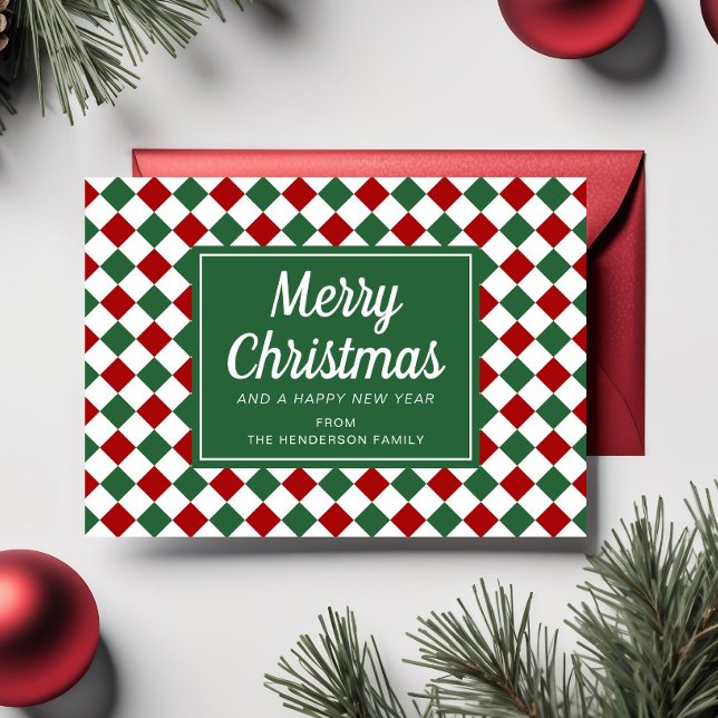 Cartão De Festividades Feliz Natal Script Foto Red Green Checks (Merry Christmas Script Photo Red Green Checks Holiday Card)