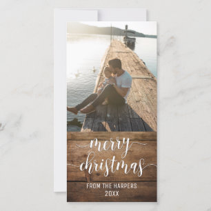 Cartão De Festividades Feliz Natal - Script Moderno e Madeira Rústica Mar