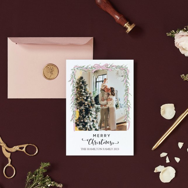 Cartão De Festividades Feliz Natal Script Rosa, Arco Garland Foto (Criador carregado)