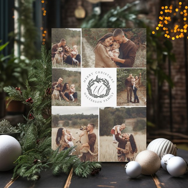 Cartão De Festividades Feliz Natal Seis Foto: Garland Wreath Monograma (Merry Christmas Six Photo Garland Wreath Monogram Holiday Card)