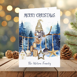 Cartão De Festividades Feliz Natal Senhora Gnomo Cômada sobre Floresta Az