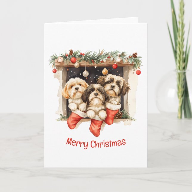Cartão De Festividades Feliz Natal Shih Tzu Dogs (Frente)