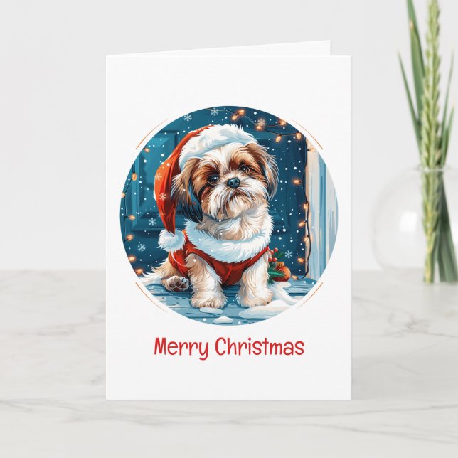 Cartão De Festividades Feliz Natal Shih Tzu Papai noel Cão (Frente)