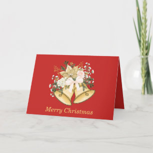 Cartão De Festividades Feliz Natal Sininhos Dourados Rosas Floral