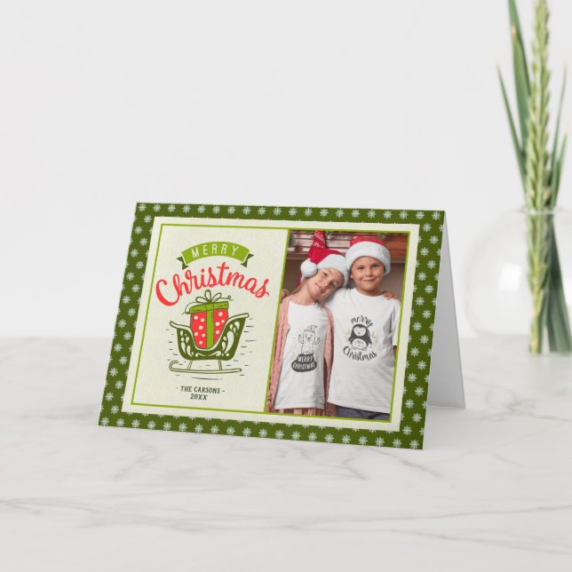 Cartão De Festividades Feliz Natal Sleigh Fotos do presente 2 Texto perso (Frente)