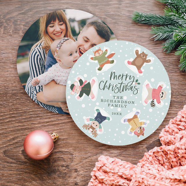 Cartão De Festividades Feliz Natal Snow Angel Woodland Photo (Merry Christmas Snow Angel Woodland Animals Photo Holiday Card)