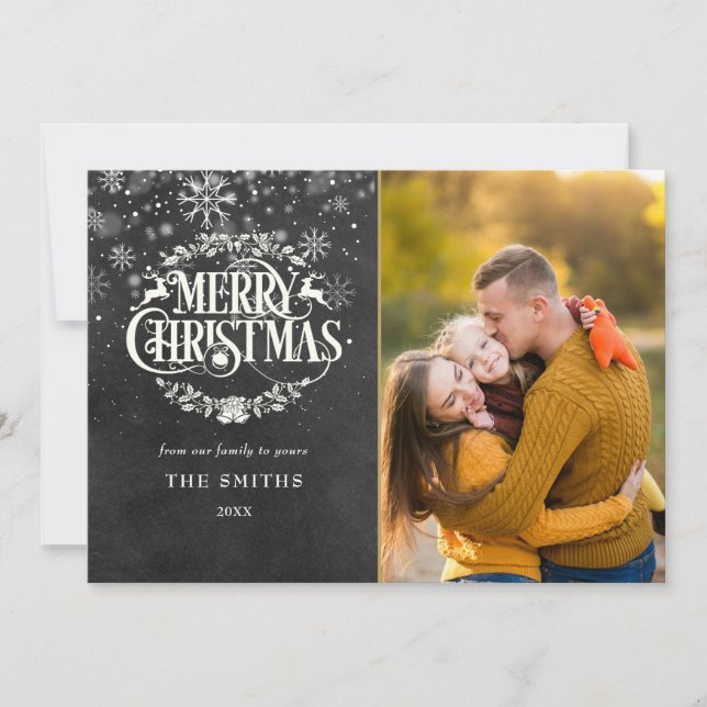 Cartão De Festividades Feliz Natal Snowflakes Foto Boho Chalkboard (Frente)