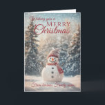 Cartão De Festividades Feliz Natal Snowman - Nome da Família de Empresas<br><div class="desc">Um belo cartão de Natal festivo do Holiday Season Snowman, que inclui uma cena de neve de inverno com um sorridente boneco de neve a vestir um chapéu quente e um cachecol cercado por árvores cobertas de neve Todo o texto pode ser personalizado - talvez prefira feriados felizes ou saudações...</div>