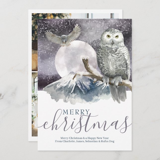 Cartão De Festividades Feliz Natal Snowy Owl Personalizado (Frente/Verso)
