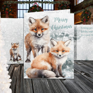 Cartão De Festividades Feliz Natal Snowy Winter Red Fox Cubs