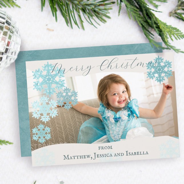 Cartão De Festividades Feliz Natal Teal Snowflakes Uma Foto (Merry Christmas Teal Snowflakes Photo Holiday Card - just add your photo and name)