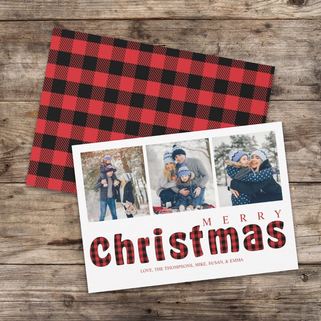 Cartão De Festividades Feliz Natal Tradicional Cheque de Buffalo Simples (Merry Christmas red and black buffalo check typography multi photo greeting card. )