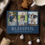 Cartão De Festividades Feliz Natal | Três Colagem Fotográfica<br><div class="desc">Mande a sua família e amigos um cartão de Natal elegante com suas fotos favoritas. Sacudir a placa para revelar um padrão elegante de listras azuis e brancas na parte traseira da placa.</div>