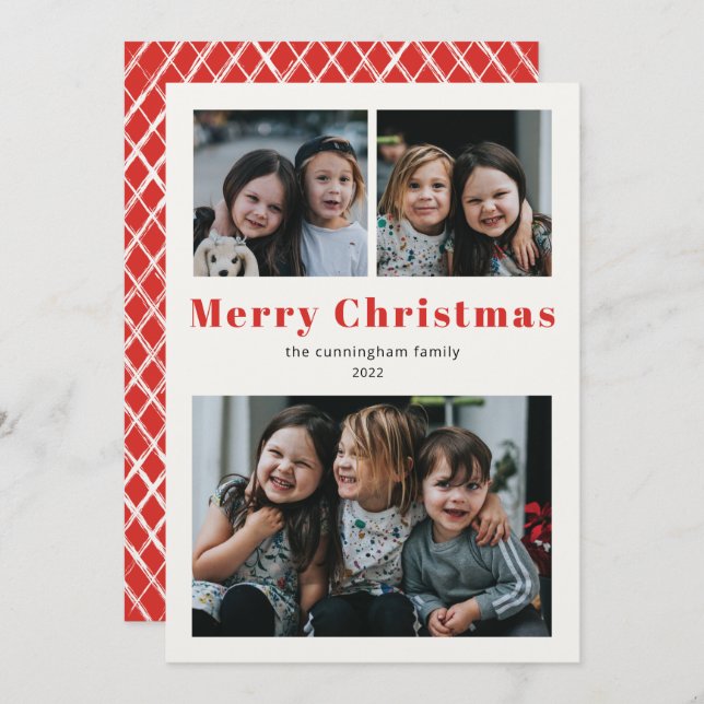 Cartão De Festividades Feliz Natal Três Foto Simples Red Kraft Holid (Frente/Verso)