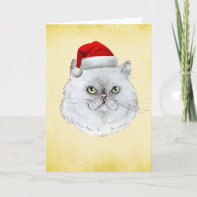 Cartão De Festividades Feliz Natal! Um gato giro com Papai Noel (Frente)