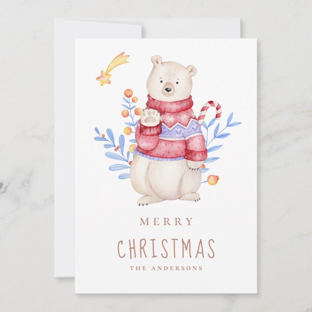 Cartão De Festividades Feliz Natal. Urso de aquarela. Bicho (Frente)
