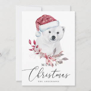 Cartão De Festividades Feliz Natal. Urso polar de aquarela. Animal
