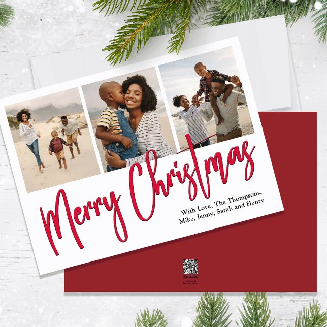 Cartão De Festividades Feliz Natal - Várias Fotografias - Script de Calig (Merry Christmas holiday photo card with a calligraphy script and berry red design. )