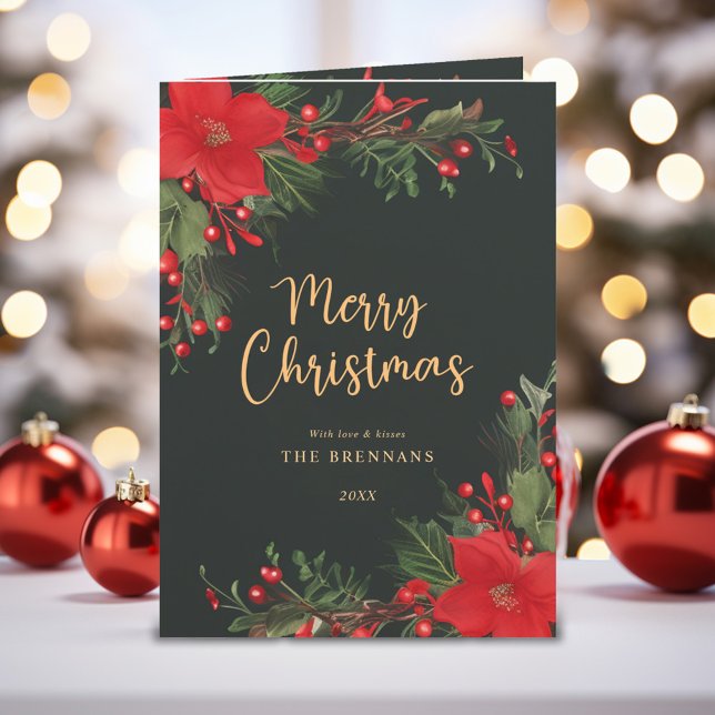 Cartão De Festividades Feliz Natal Verde Botânico Elegante (Merry Christmas Elegant Green Red Botanical Holiday Card)