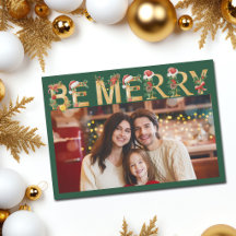 Feliz Natal Verde Letras Douradas Foto da Família