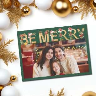 Cartão De Festividades Feliz Natal Verde Letras Douradas Foto da Família