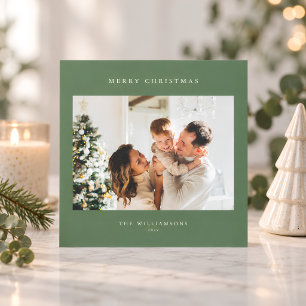 Cartão De Festividades Feliz Natal Verde Sage Moderno com Duas Fotos