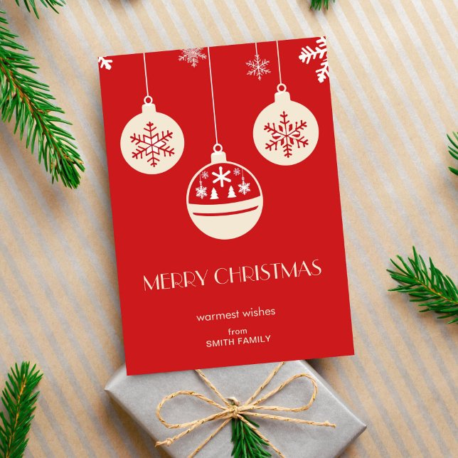 Cartão De Festividades Feliz Natal vermelho baubles do século médio simpl (Red Christmas midcentury retro style greeting card simple minimalist corporate editable template )