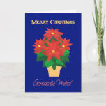 Cartão De Festividades Feliz Natal vermelho das poinsétias através das<br><div class="desc">"Feliz Natal, através um cartão de Natal brilhante, festivo das milhas" com um pote do ouro-efeito de poinsétias vermelhas brilhantes em um fundo azul profundo com rotulação do ouro-efeito. O design é de uma colagem de papel pintado à mão por Judy Adamson e você pode mudar a mudança a mensagem...</div>