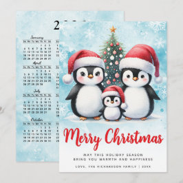 Cartão De Festividades Feliz Natal Vermelho e Família Pinguim Azul