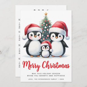 Cartão De Festividades Feliz Natal, Vermelho e Família Pinguim Branco